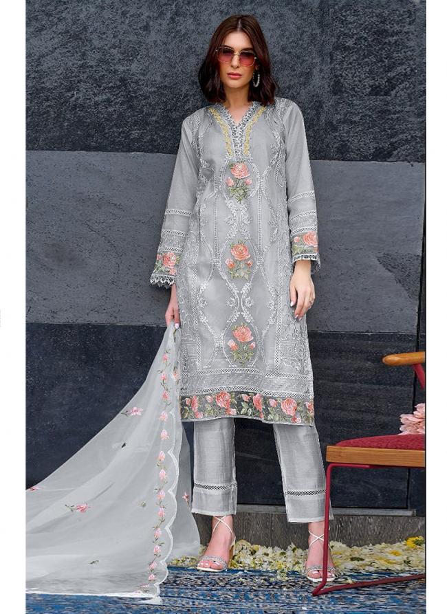 Heavy Organza Grey Festival Wear Embroidery Work Pakistani Suit